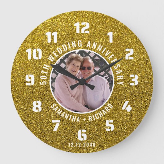 Aangepaste Gouden Glitter 50e bruiloft Jubileum Fo Grote Klok (Voorkant)