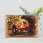 Aangepaste Gouden Glitter Zegeningen Foto Kerstmis Feestdagenkaart (Staand voorkant)
