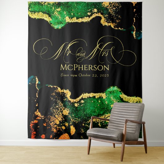 Aangepaste gouden kalligrafie groene zwarte huweli wandkleed (In situ)