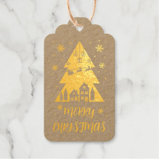 Aangepaste gouden kerstboom ontwerp met slee cadeaulabels