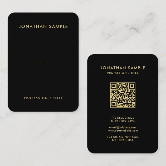 Aangepaste Gouden Lettertype QR Code Zwart Premium Visitekaartje (Voorkant / Achterkant)