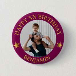 Aangepaste Gouden Maroon Happy Birthday Foto en le Ronde Button 5,7 Cm