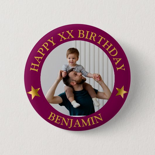 Aangepaste Gouden Maroon Happy Birthday Foto en le Ronde Button 5,7 Cm (Voorkant)