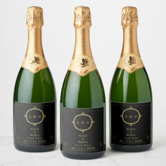 Aangepaste Gouden Naam Monogram Zwart Mousserende Sparkling Wijnetiket