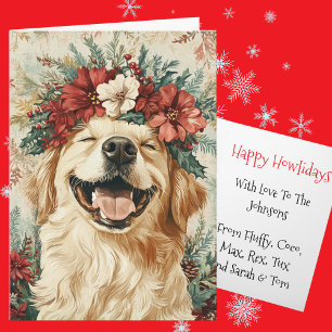 Aangepaste Gouden Retriever Kerst Bloemenkroon Feestdagen Kaart
