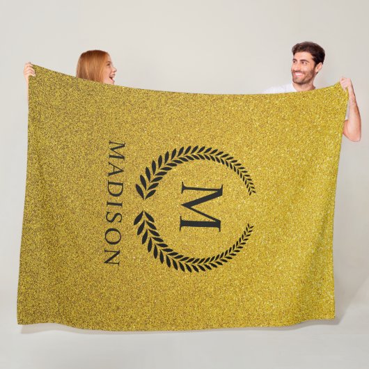Aangepaste Gouden Zwarte en Goud Glitter Monogram Fleece Deken (In situ)