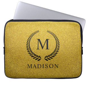 Aangepaste Gouden Zwarte en Goud Glitter Monogram Laptop Sleeve