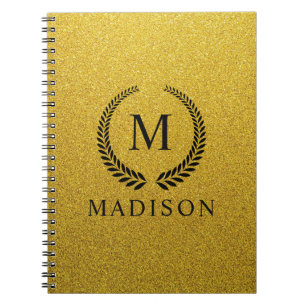 Aangepaste Gouden Zwarte en Goud Glitter Monogram Notitieboek