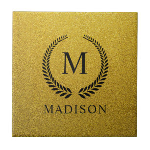 Aangepaste Gouden Zwarte en Goud Glitter Monogram  Tegeltje