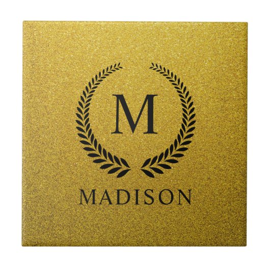 Aangepaste Gouden Zwarte en Goud Glitter Monogram Tegeltje (Voorkant)