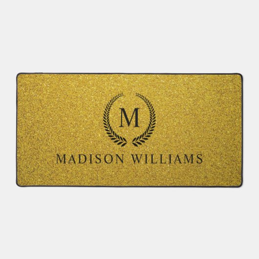 Aangepaste Gouden Zwarte en Gouden Glitter Monogra Bureaumat (Voorkant)