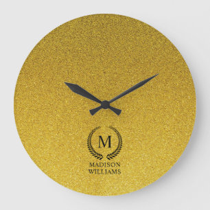 Aangepaste Gouden Zwarte en Gouden Glitter Monogra Grote Klok