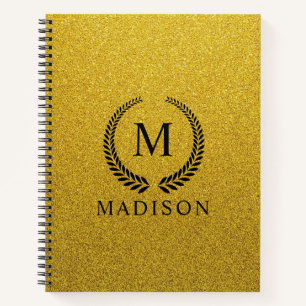 Aangepaste Gouden Zwarte en Gouden Glitter Monogra Notitieboek