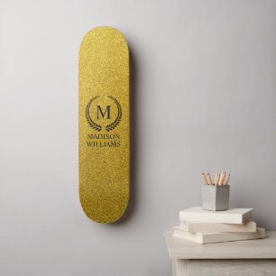 Aangepaste Gouden Zwarte en Gouden Glitter Monogra Persoonlijk Skateboard