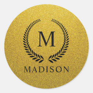 Aangepaste Gouden Zwarte en Gouden Glitter Monogra Ronde Sticker