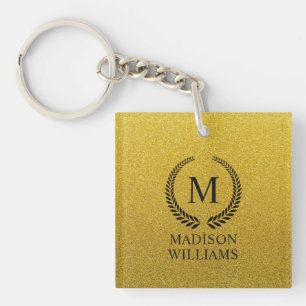 Aangepaste Gouden Zwarte en Gouden Glitter Monogra Sleutelhanger