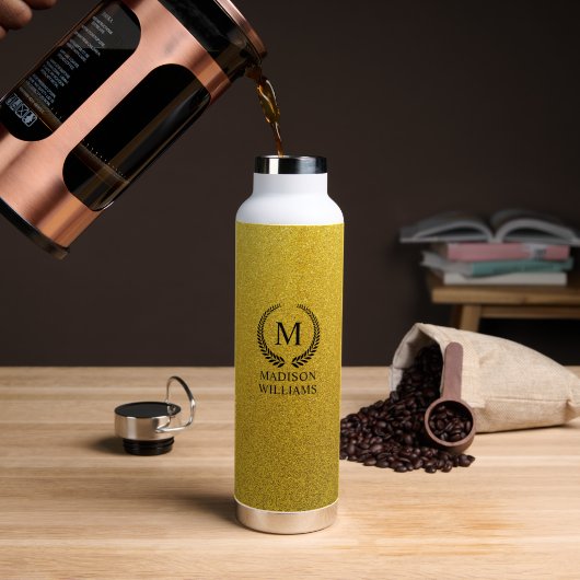 Aangepaste Gouden Zwarte en Gouden Glitter Monogra Waterfles (Koffie (Gedraaid) )