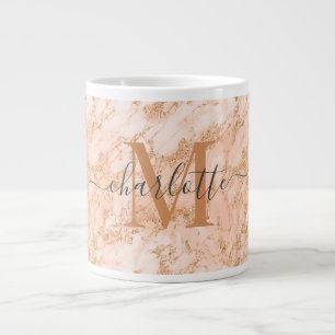 Aangepaste goudroze marmer Glitter Monogram Naam Grote Koffiekop
