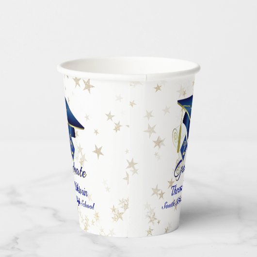 Aangepaste Graduation Party Blue Gold Paper Cup Papieren Bekers (Rechts)