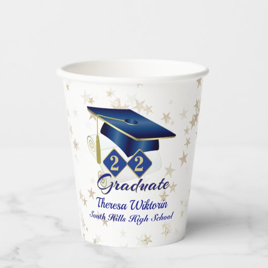 Aangepaste Graduation Party Blue Gold Paper Cup Papieren Bekers (Voorkant)