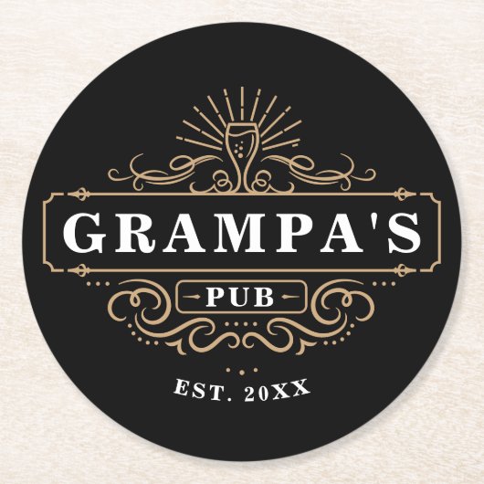 Aangepaste Grampa's Pub Home Bar Jaar ingesteld Ronde Kartonnen Onderzetter (Voorkant)