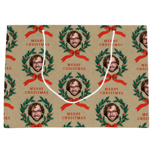 Aangepaste Grappige Kerstkrans Gezicht Foto Kraft Groot Cadeauzakje (Voorkant)