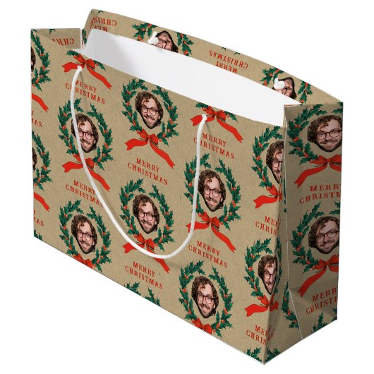 Aangepaste Grappige Kerstkrans Gezicht Foto Kraft Groot Cadeauzakje (Achterkant Gekanteld)