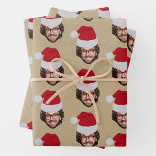 Aangepaste Grappige Kerstman Hoed Gezicht Foto Kra Inpakpapier Vel