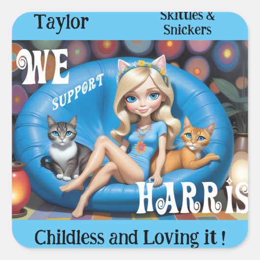 Aangepaste Grappige Kinderloze Kat Dames KAMALA 20 Vierkante Sticker (Voorkant)