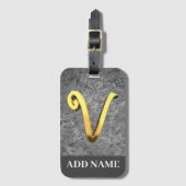 Aangepaste Gray & Gold Monogram Letter V Bagagelabel (Voorkant (verticaal))