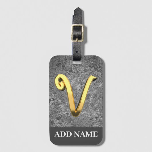 Aangepaste Gray & Gold Monogram Letter V Bagagelabel (Voorkant (verticaal))