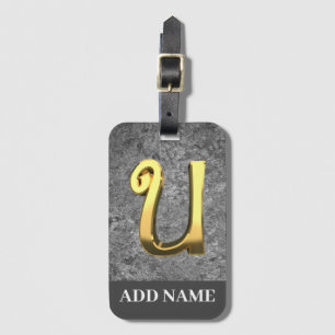 Aangepaste grijs- en goudmonogram letter U Bagagelabel