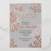 Aangepaste grijs roze elegante bloem bloeiend fees folie uitnodiging (Voorkant)