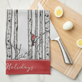 Aangepaste grijze berkenbomen en rode kardinaalvog theedoek