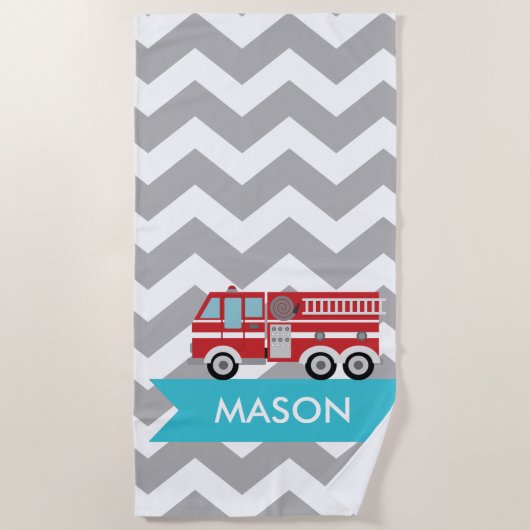 Aangepaste Grijze Blauwgroen Chevron Fire Truck Bo Strandlaken (Voorkant)