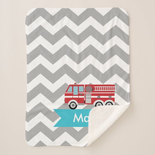 Aangepaste grijze Blauwgroen Chevron Fire Truck Sherpa Deken (Voorkant)