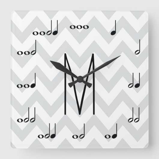 Aangepaste grijze en witte Chevron Musical Notes Vierkante Klok (Voorkant)