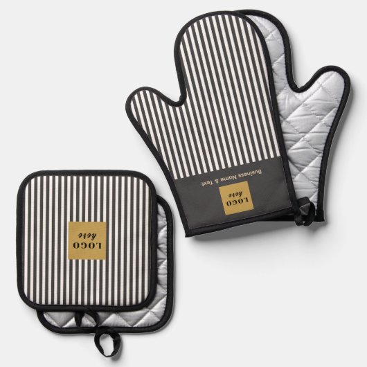 Aangepaste grijze en witte streep ovenwant & pannenlap set (Voorkant / Achterkant)