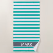 Aangepaste grijze groene en witte Cabana Stripe Strandlaken (Voorkant)