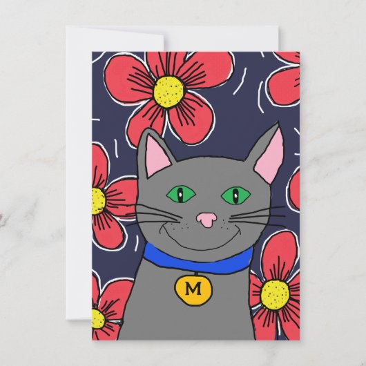 aangepaste grijze kat met bloemen personaliseren i kaart (Voorkant)