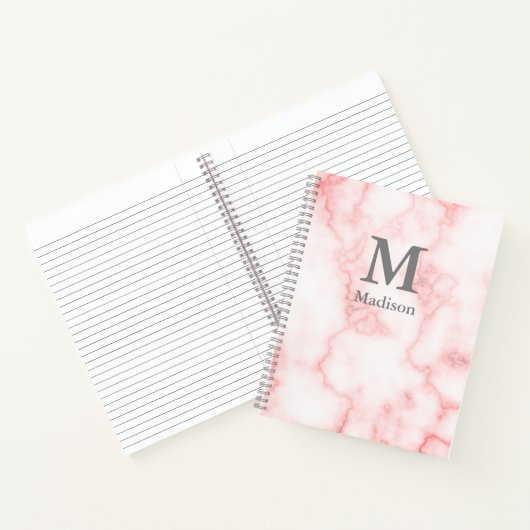 Aangepaste grijze naam en monogram op roze marmer notitieboek (Binnen)