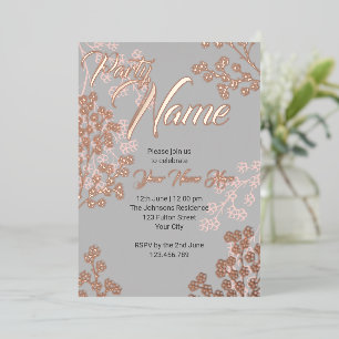 Aangepaste grijze roze elegante bloem bloeiende fe folie uitnodiging