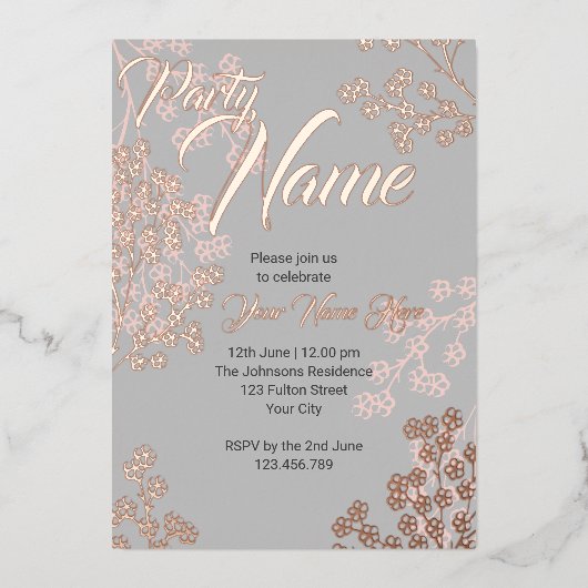 Aangepaste grijze roze elegante bloem bloeiende pa folie uitnodiging (Voorkant)