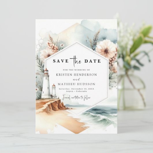 Aangepaste grillige charme vuurtoren bruiloft save the date (Staand voorkant)