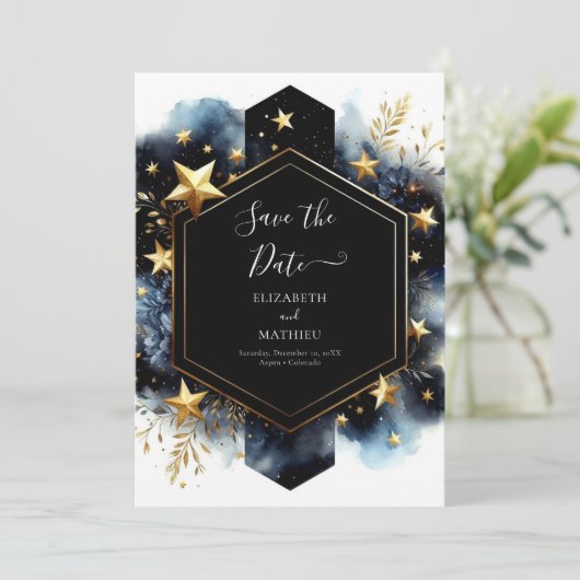 Aangepaste grillige hemelse bruiloft save the date (Staand voorkant)