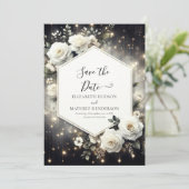 Aangepaste grillige witte rozen bruiloft save the date (Staand voorkant)