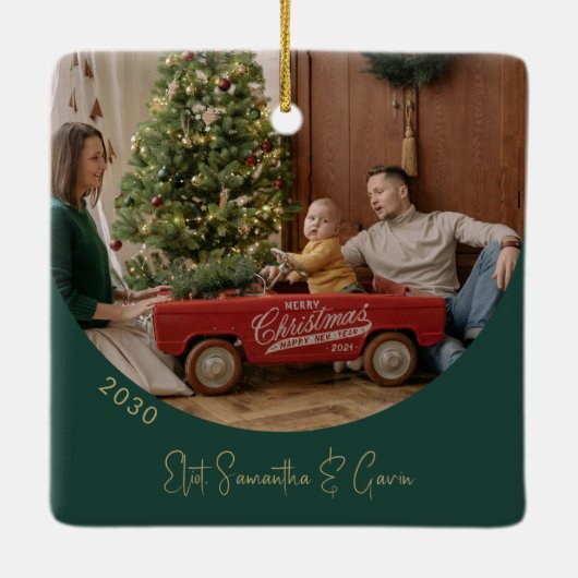 Aangepaste Groen en Goud Minimalistische Boog Fami Keramisch Ornament (Achterkant)