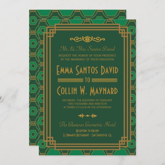 Aangepaste groene art deco bruiloft uitnodigingen (Voorkant / Achterkant)