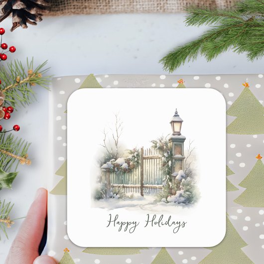 Aangepaste groene blad bessen sneeuw winter Kerstm Vierkante Sticker