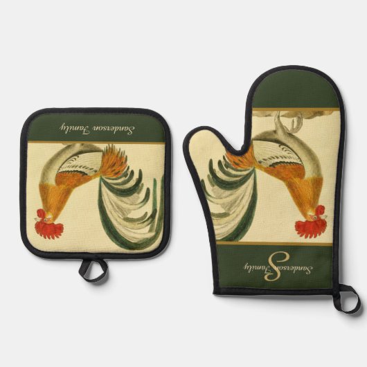 Aangepaste Groene Boerderij  Haan monogram Ovenwant & Pannenlap Set (Voorkant)